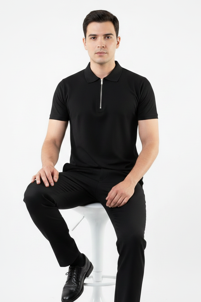 Meridian Jet Black Zip Polo Shirt