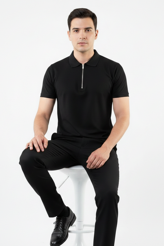 Meridian Jet Black Zip Polo Shirt