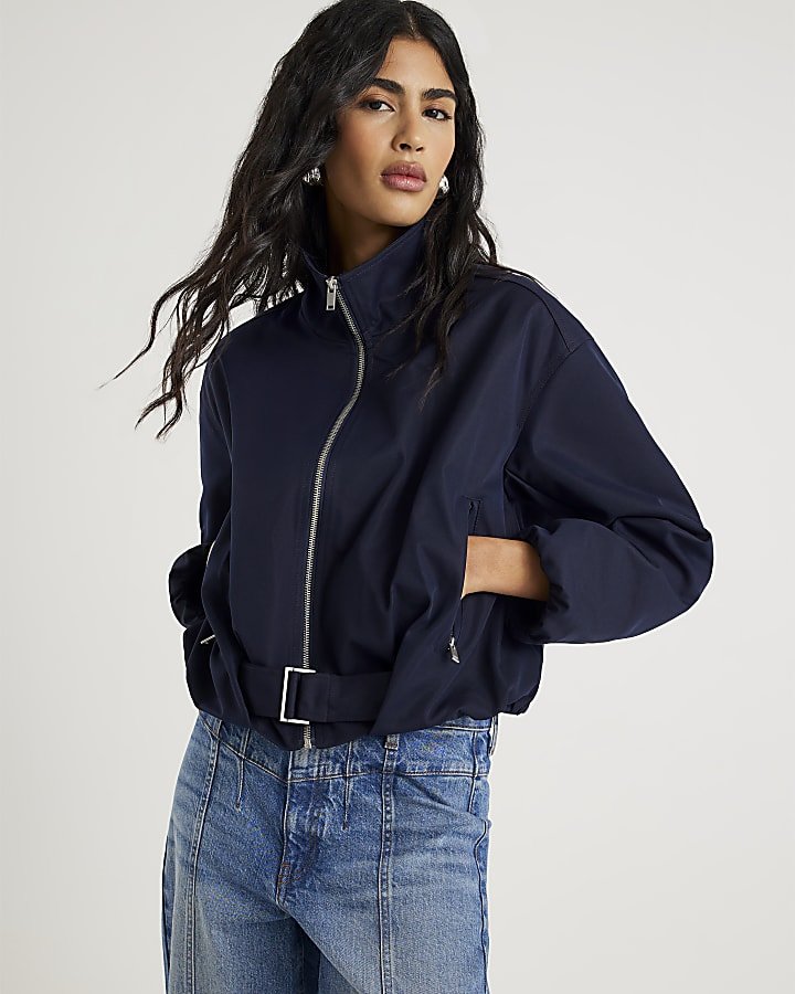 Navy Belted Bubble Hem Jacket - Absanoh Pakistan