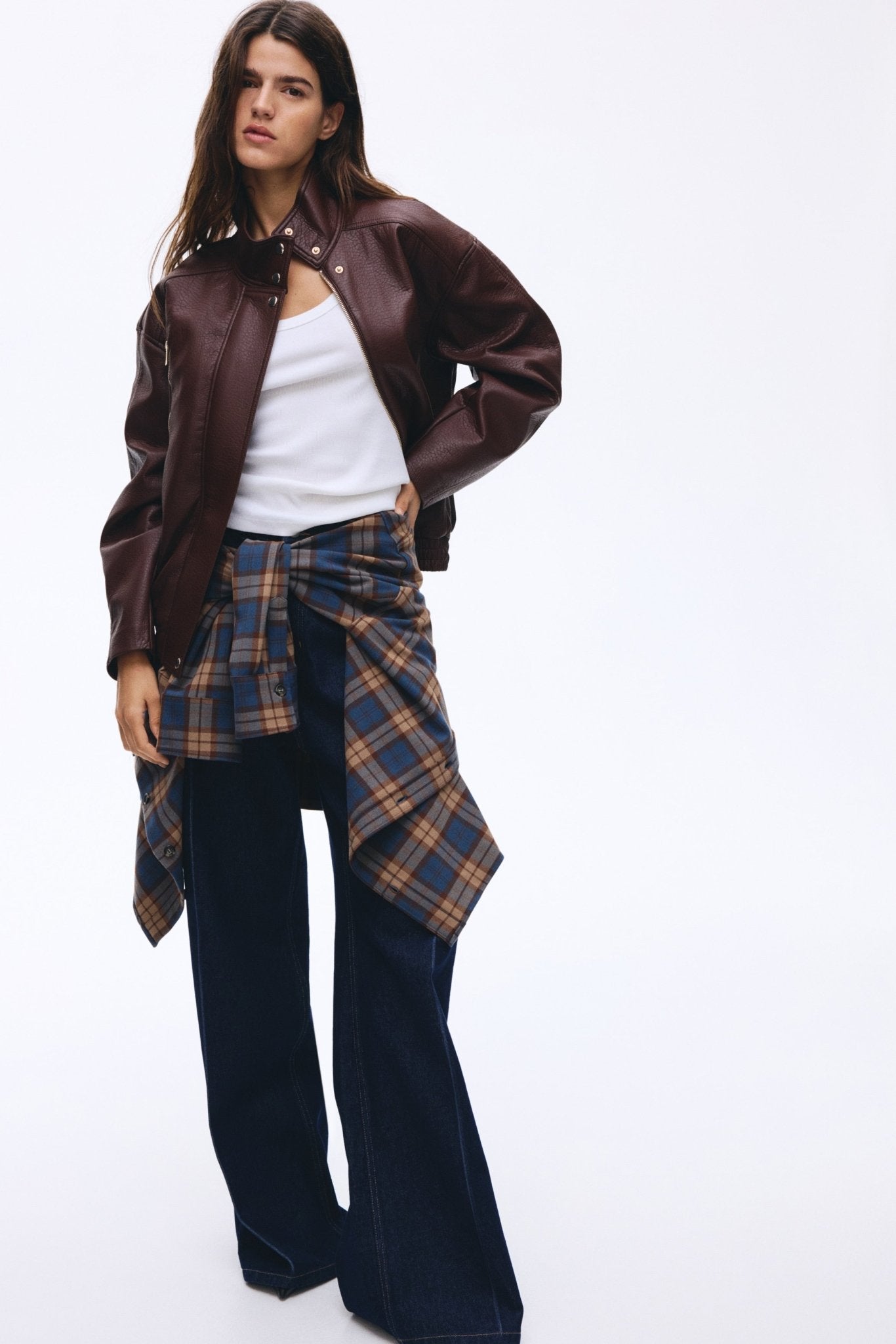 Oversized Dark Brown Coated Jacket with Stand Collar - Absanoh Pakistan