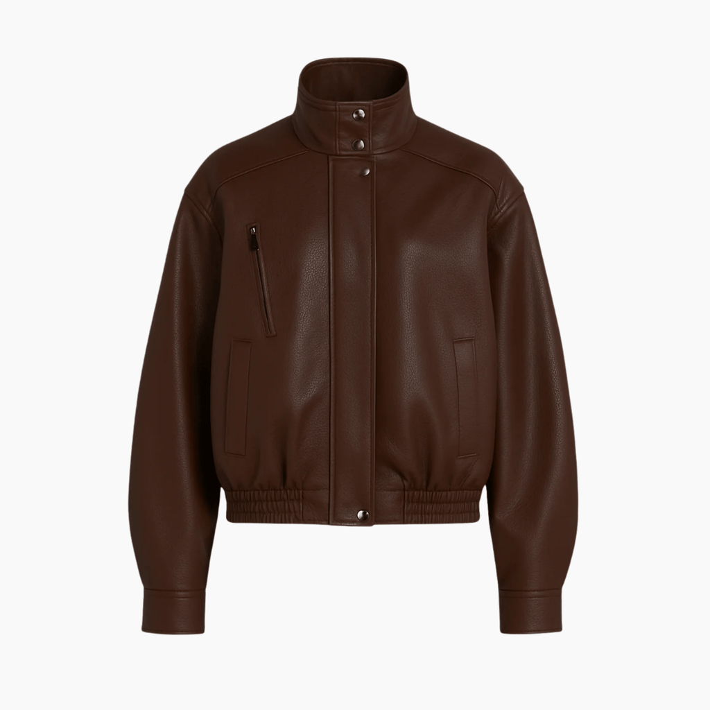 Oversized Dark Brown Coated Jacket with Stand Collar - Absanoh Pakistan